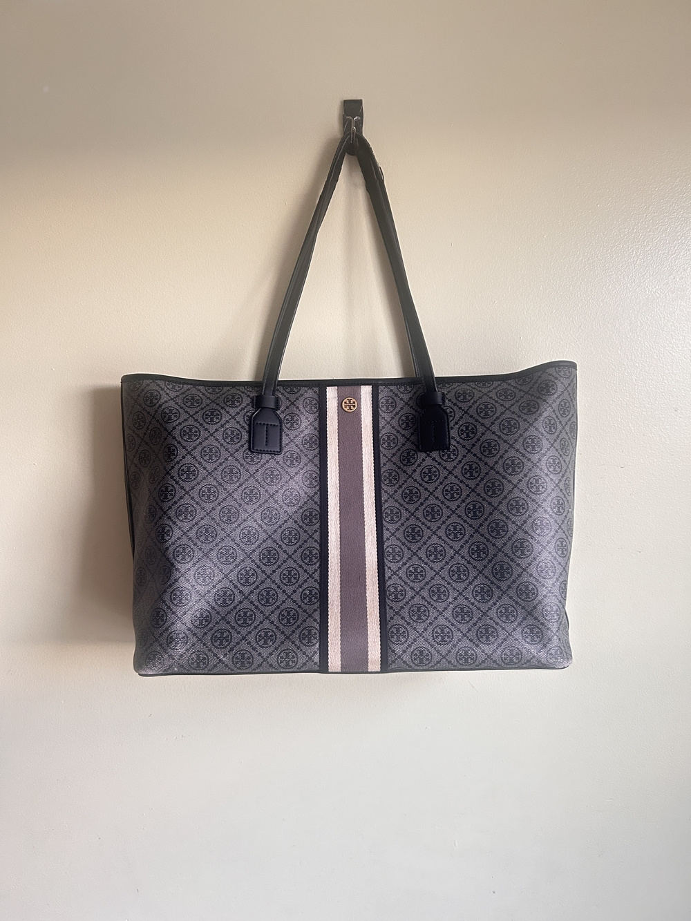 Tory Burch Gray & Dark Blue Monogram Stripe Tote Bag Pre-Owned